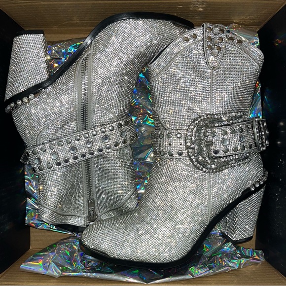 Club Exx Dolls Kill Icy Sheriff Shine Rhinestone Embellished Cowboy Boots - Picture 5 of 17